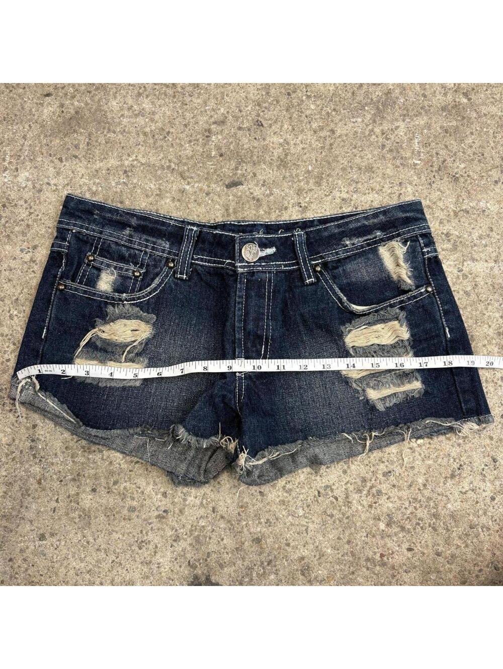 Vintage Y2K Low Rise Denim Micro Shorts Faded Dark Wash - Picture 3 of 5